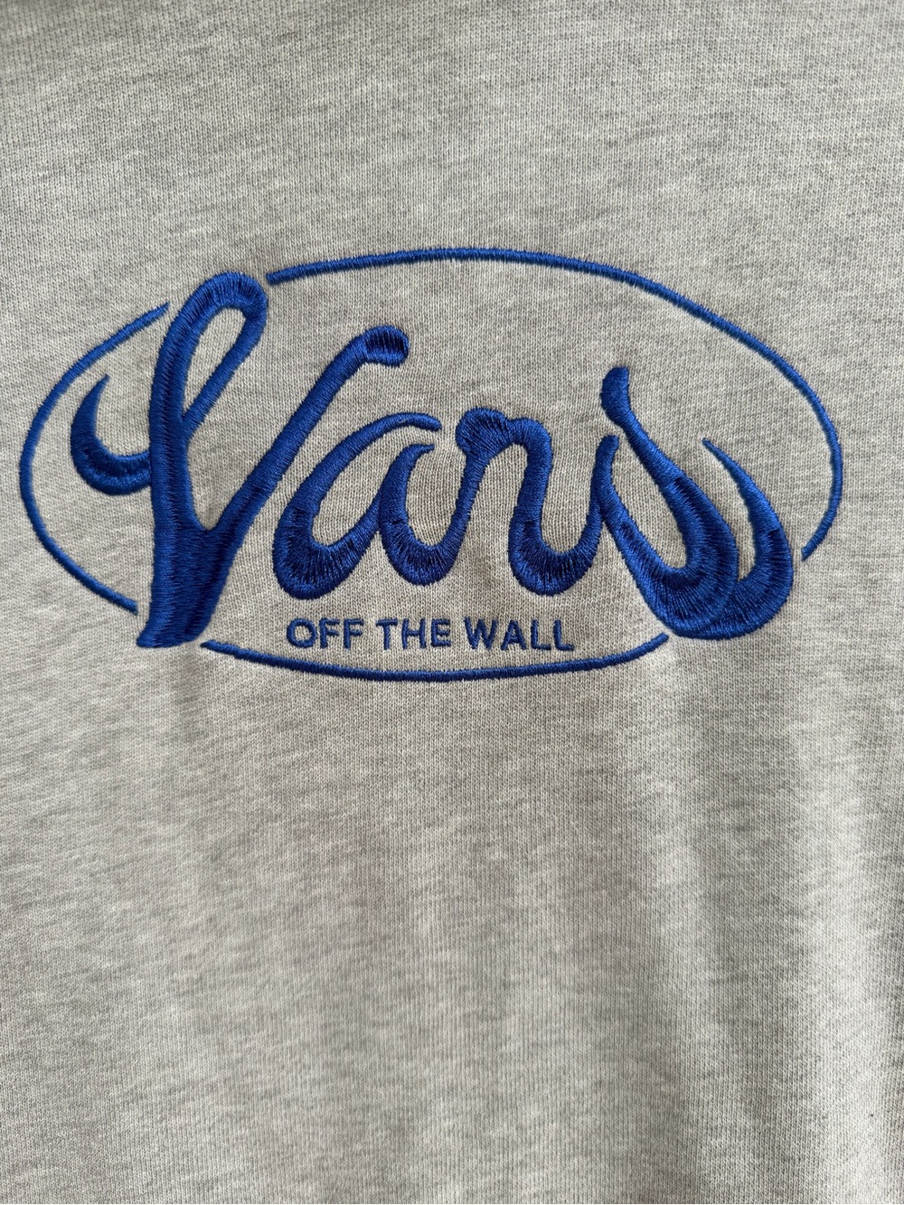 Vans Gray Sweatshirt with Blue Oval Embroidered Script front pocket Size Small